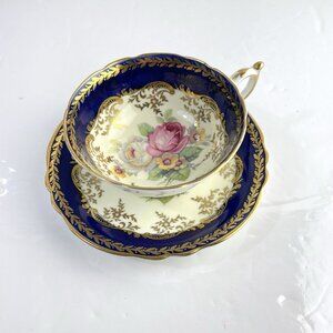 Paragon Teacup & Saucer Cobalt Navy Blue Gold Gilt Cabbage Rose Floral Bouquet